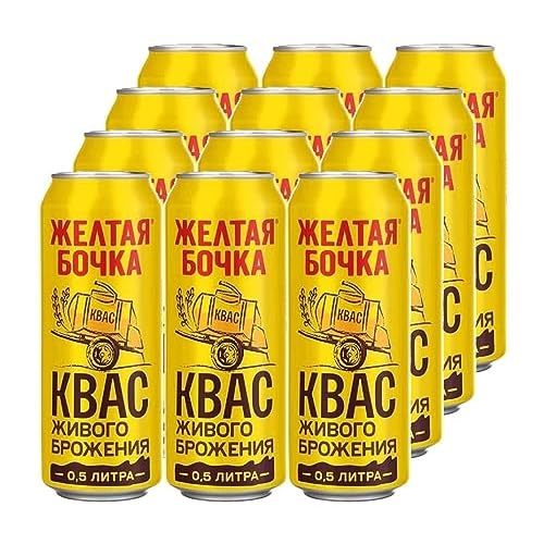 Imported Russian Rye Bread Soft Drink Kvass Yellow Barrel, Trehsosnensky, 0.5l  16.91 fl oz - Pack of 12 - Zheltaya Bochka