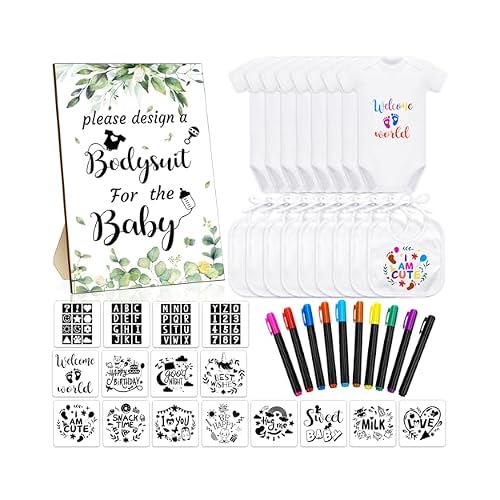 Chuarry 43 Pcs DIY Baby Bibs Decorating Kit 8 Bodysuits 8 Pcs 2 Ply White Bibs 10 Fabric Markers 16 Stencils Baby Shower Sign Greenery