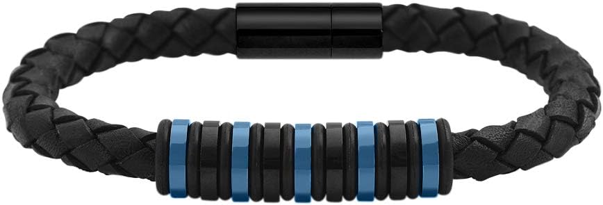 Geoffrey Beene Men's Genuine Braided Leather Bracelet with Stainless Steel Rubber Ornaments