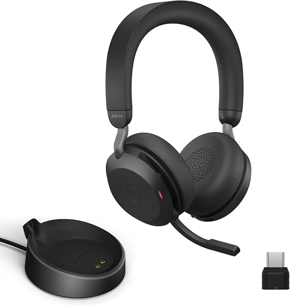 Jabra Evolve2 75 PC Wireless Headset with Charging Stand and 8-Mic Technology - Dual Foam Stereo Headphones with Advanced Active Noise Cancelling, USB-C Bluetooth Adapter and UC Compatibility - Black