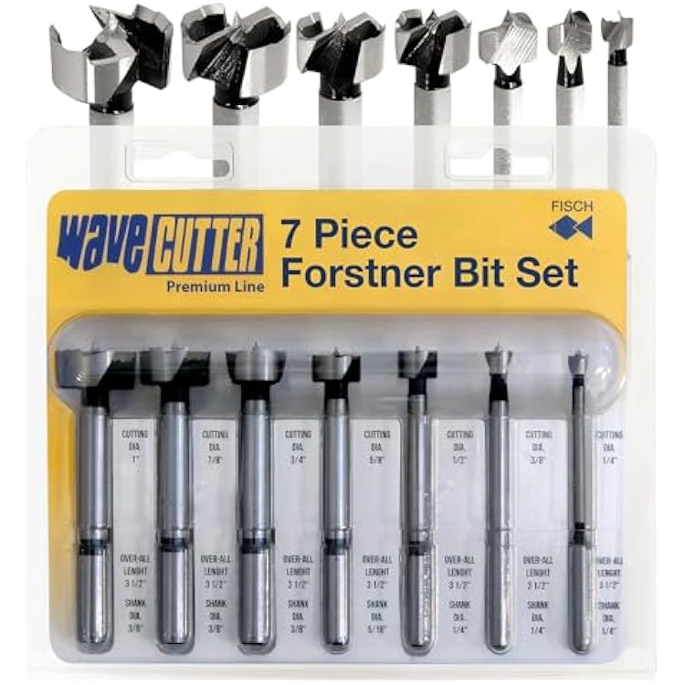 FISCH Wave Cutter Forstner Bit Set, 7-Piece Precision Drill Bits for Woodworking, Splinter-Free Cutting, Incl. 14 to 1 Diameter FSA-2803237 Pcs. Set Inc. 14 - 1 in Blister Pack
