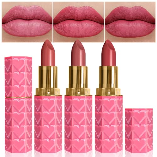evpct 3Pcs Nude Pink Beige Rose Mauve Matte Lipstick Pack Sets for Women Silky Velvet Lipstick Matte Long Lasting Smudge Proof Lipsticks Lip Stain Makeup Set Kit matte lipstick 24 hours original 03