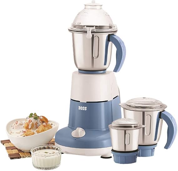 BOSS Excel Pro 3-Jar Mixer Grinder Kitchen Grinding Genius 750 Watt Powerful Motor, 3 Variable Speed with Incher, 110V,Blue