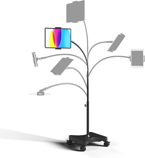 LEVO Rolling Gooseneck Tablet Floor Stand, iPad & Phone Holder, Black