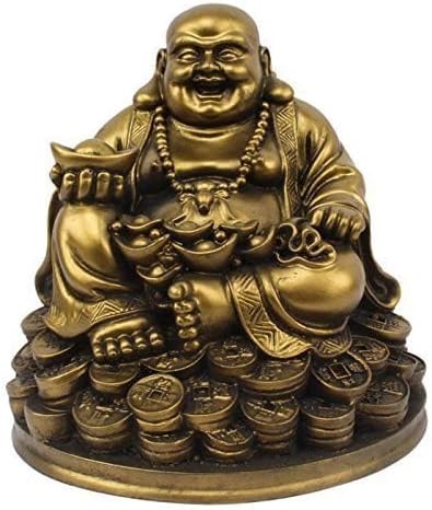 Petrichor Handmade Laughing Buddha Sitting on Lucky Money Coins Carrying Golden Ingot for Feng Shui Good Luck & Happiness (5 inch, Pack of 2)