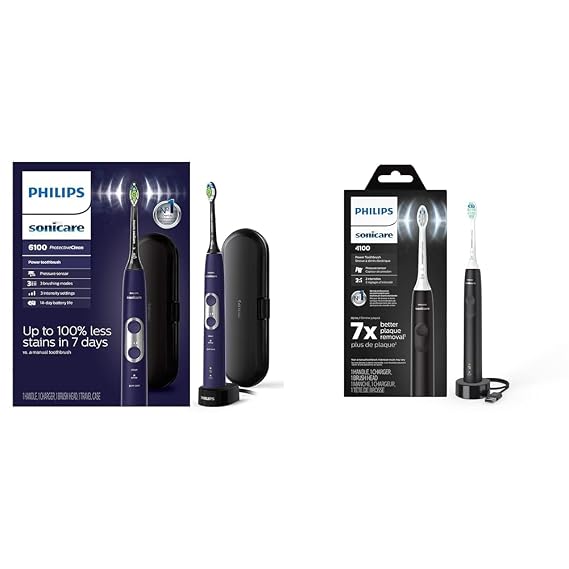 Philips Sonicare ProtectiveClean 6100 & 4100 Electric Power Toothbrushes, Deep Purple & Black, HX6471/03 & 4100, Rechargeable, Pressure Sensor, 3 Modes & Intensities, 2 Weeks Battery Life