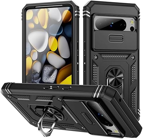 for Google Pixel 8 Pro Case Military Grade Drop Shock Protection Cell Phone Cover with Slide Camera Cover Built-in 360 Rotate Ring Stand for Pixel 8 Pro 6.7 - Black