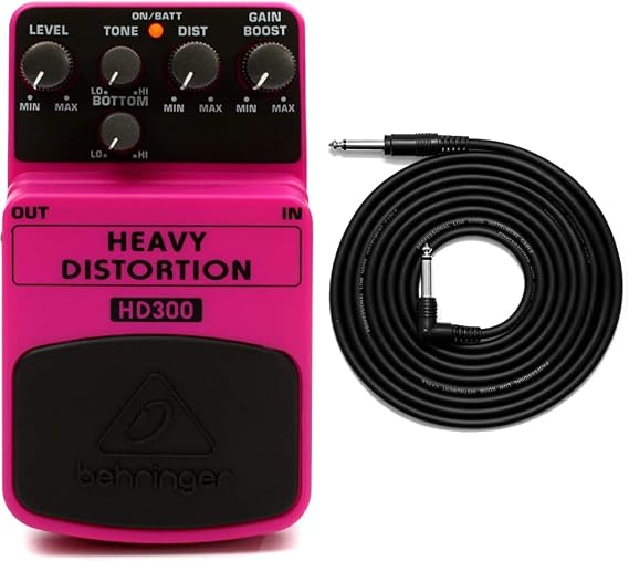 Behringer HEAVY DISTORTION HD300 Heavy Metal Distortion Effects Pedal & TIGER GAC42 Guitar Bass Keyboard E-Drums Lead - Straight/Angled - 6.35mm 1/4" Jacks - 3m Cable