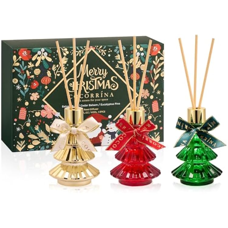 COCORRINA Christmas Reed Diffuser Set of 3 - Cedar Balsam, Eucalyptus Pine, Balsam & Fir Scents - Total 6.09 oz, Home Fragrance Long-Lasting Scented Diffuser with Sticks