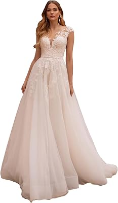 Beach Boho Wedding Dresses for Bride 2026 Sexy V Neck Bridal Dress for Women Lace Appliqued Long Ball Gown with Train