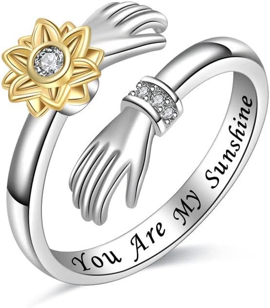 Adjustable Sunflower Rotating Silver Ring with Diamonds and Simple Two-handed Hugging Band