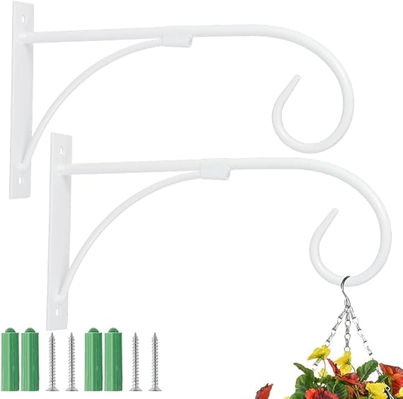 2 Pack Hanging Basket Bracket Garden Hook Décor Iron Decorative Plant brackets with Screws Outdoor Indoor (white)