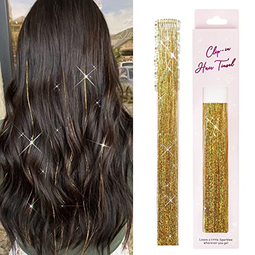 HOOJIH Gold Hair Tinsel Kit, 6 PCS Fairy Hair Sparkle Gliter Hair Extensions Clip in Hairpieces Heat Resistant Festival Party Dazzle Hair Accessories for Women 20 Inch Laser Gold