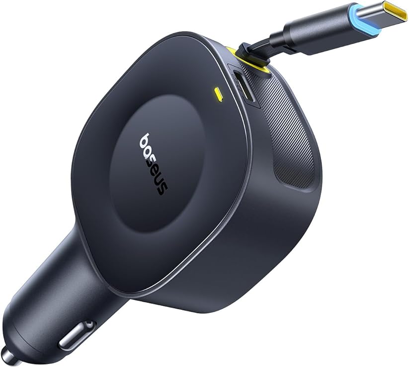 Baseus Ultra-Mini Retractable Car Charger USB C, 60W Fast Charging Car Charger with Retractable USB C Cable for iPhone 17 16 15 Pro Max, Samsung Galaxy S25 Ultra, Android, iPad, AirPods