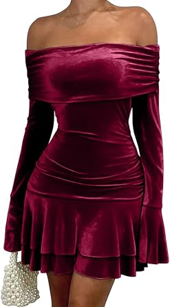 LAGSHIAN Women's Sexy Velvet Off Shoulder Long Sleeve Ruffle Hem Bodycon Ruched Cocktail Party Mini Dress