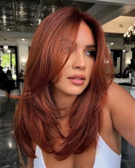 vedar Auburn Red Wigs with Bangs, Copper Red Wigs for Women, Shoulder Length Synthetic Hair Red Full Wig, Middle Length Straight Hair Wig, 20 inch VEDAR-235