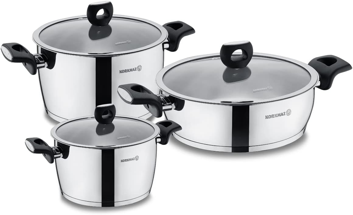 Korkmaz Nora Jr. Cookware Set with Tempered Glass Lids and Bakelite Handles, 6-Piece Kitchen Polished Chefs Classic Stainless Steel Pots Collection, Induction Compatible, Dishwasher Safe, Silver