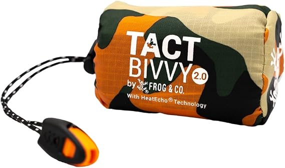 Survival Frog Tact Bivvy 2.0 Emergency Sleeping Bag with Stuff Sack, Carabiner & Survival Whistle Compact, Lightweight, Waterproof, Reusable Thermal Bivy Sack Shelter Kit