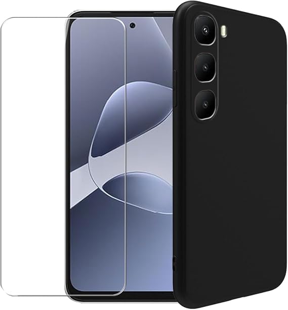Case for Infinix Hot 60i + Glass Screen Protector Tempered Film - Transparent Silicone Soft Flexible Bumper Shockproof TPU Protective Cover Shell (Black)