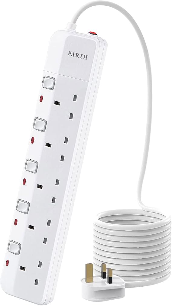 PARTH 5m Extension Lead with Switches Surge Protection UK Plug Extension 5 Metre Cable Extension Cord 5 Way Sockets Power Extension with Overload Protection 3250W/13A