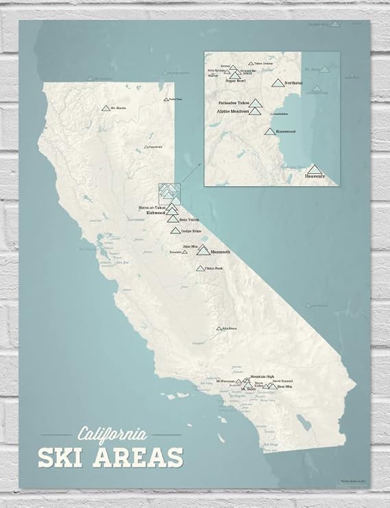 California Ski Resorts Map 18x24 Poster (Beige & Opal Blue)