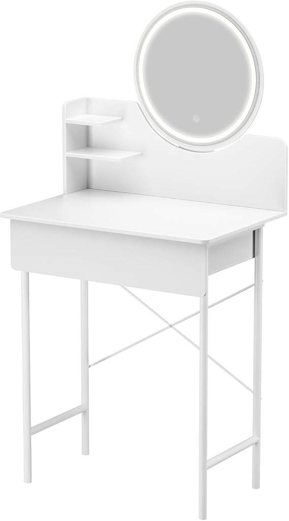 Vanity Desk with LED Lighted Mirror, White Makeup Vanity with Drawer & Open Shelves, Small Dressing Table for Bedroom, Compact Vanitys Table and Mirror with 3 Color Lights for Girls Room Deco