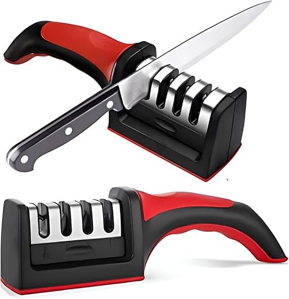 Professional Kitchen Knife Sharpener 4-in-1 with Scissor Slot, Multi-Stage Sharpening Tool with Non-Slip Base for Kitchen Knives