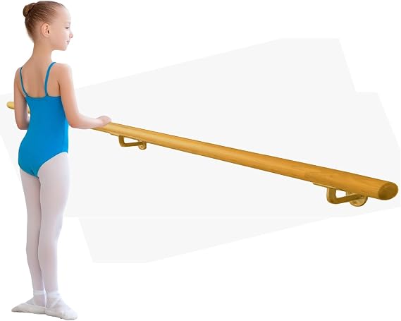 Ballet Barre Single Bar 4 FT Long 2.0 Diameter Gold, Kids and Adults | Open Bracket Wall Mounted Fixed Height Wooden Ballet Barre | Home/Studio Ballet Bar, Dance Bar, Stretch Bar, Dancing/Stretching