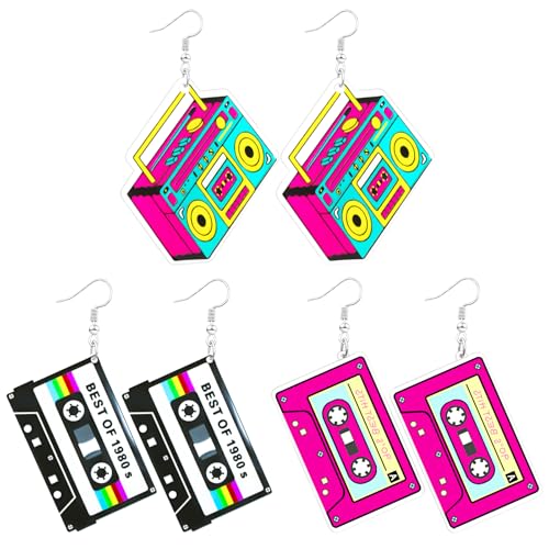 80s 90s Retro Cassette Tape Neon Earrings for Women Acrylic Radio Earring Set for 80s 90s Accessories Cosplay Party Jewelry Gifts