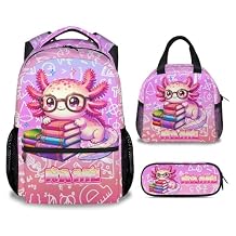 UNIKITTY Axolotl Backpack for Girls, 3PCS Personalized Kids School Bag Set with Insulated Lunch Box & Pencil Case - 17 Inch Large Capacity Water Resistant Bookbag for Elementary Middle School