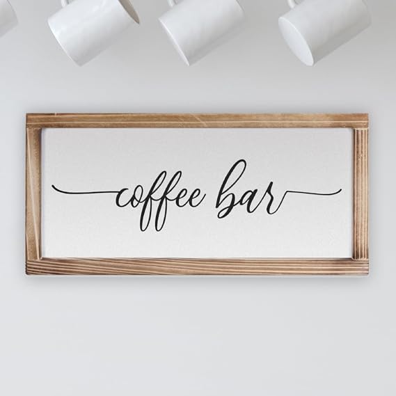 Coffee Bar Sign Decor 8x17 Inch, Coffee Sign Decor, Wooden Kitchen Wall Art | Easy Wall Mount Farmhouse Decor, Home Cafe Station Countertop Display, Housewarming Coffee Lover Gift, Breakfast Nook Styling