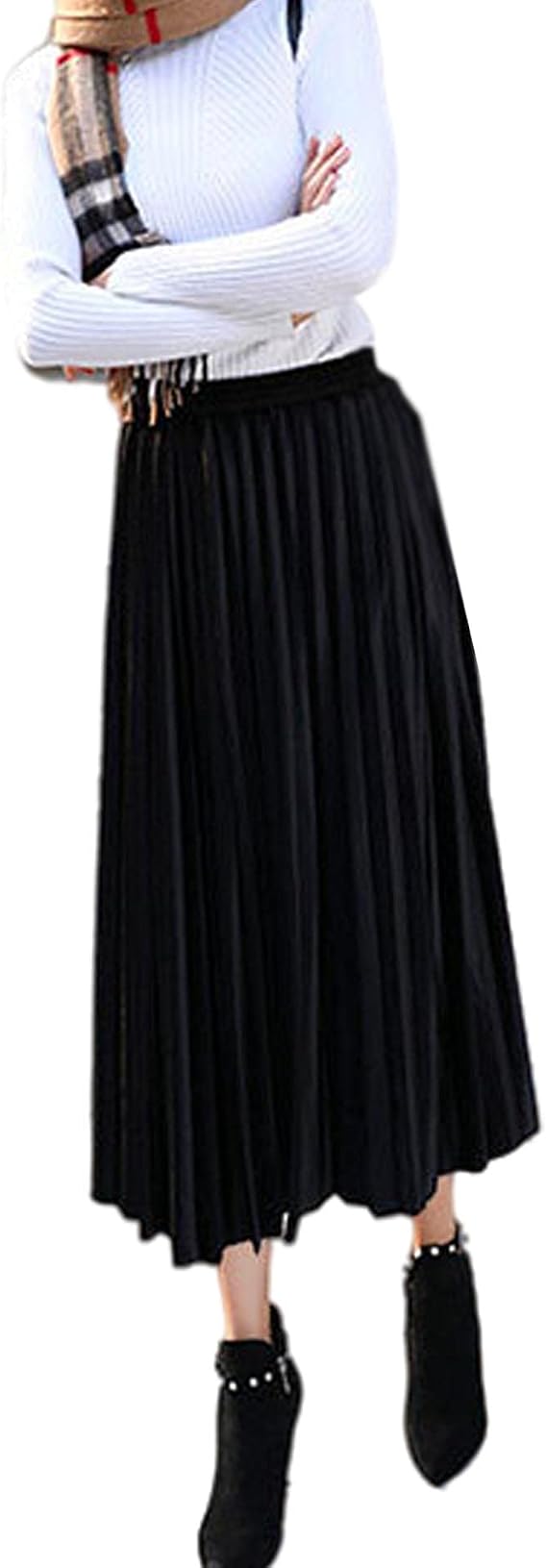 SOMTHRON Women's Plus Size High Waist Elastic Pleated Skirts Velvet Velour A Line Accordion Swing Midi Long Skirt