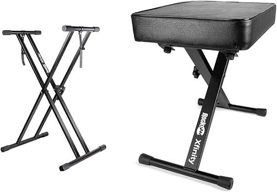 Rockjam Xfinity Doublebraced Pre Assembled Keyboard Stand with Locking Straps & Premium Adjustable Padded Keyboard Bench or Digital Piano Stool