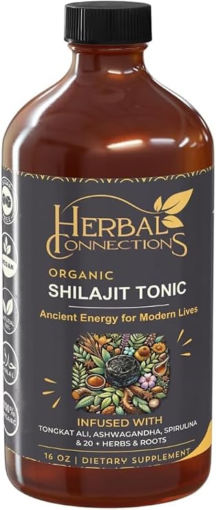 Herbal Connections Organic Shilajit Tonic 16 oz | 32 Servings | 20-Herb Adaptogen Blend w/Ashwagandha, Maca, Spirulina & Turmeric | Liquid Energy, Hormone Balance & Detox Support | Vegan, Non-GMO