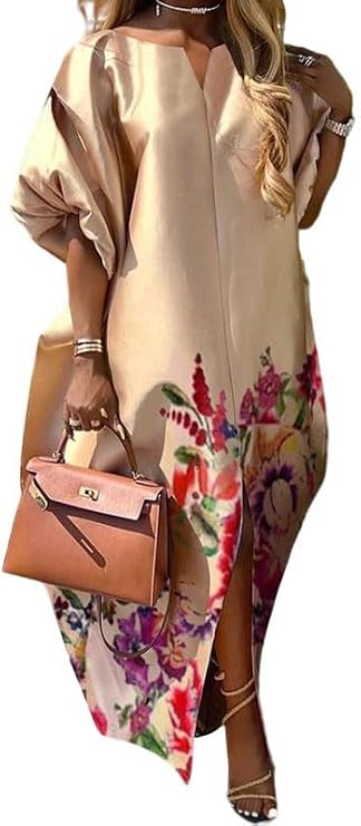 UOOZEE Women's Puff Sleeve Floral Print Maxi Dress 2025 Summer V Neck Flowy Swing Casual Long Slit Dress