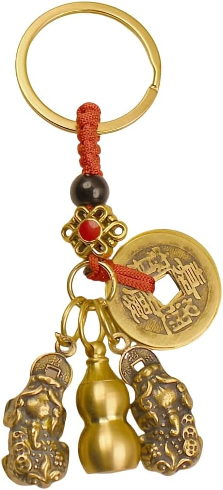 Feng Shui Brass Keychain with Lucky Coins, Wu Lou Amulet, Backpack Charm for Wealth