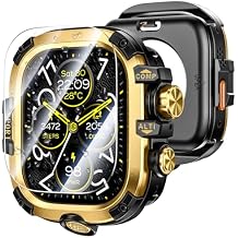 3 in 1 Goton Metal PC Case for Apple Watch Screen Protector 49mm, 360 Protective Rugged Tempered Glass Waterproof Face Cover Bumper for Apple Watch Ultra 3/Ultra 2/Ultra, 49mm Gold