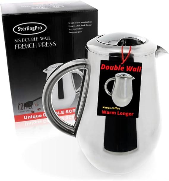 SterlingPro Non-Toxic Insulated Stainless Steel French Press Coffee Maker 34oz - Insulated Metal Double Wall Coffee Maker | Mirror Finish | Pear Shape | Includes x2 Replacement Filter Screens