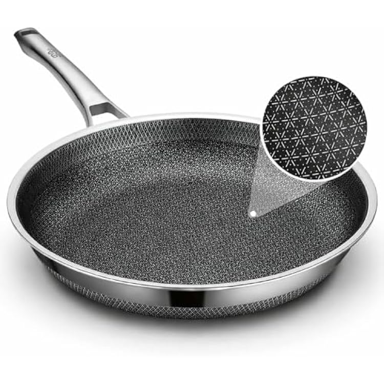 Frying Pan, 9.8 Inch Hybrid Non Stick Stainless Steel Skillets, Dishwasher Induction Oven Broiler Safe, Non Toxic Chefs Pan, PFOA Free Cookware
