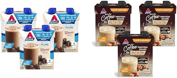 Atkins Dark Chocolate Royale Protein Shake, 15g Protein, Low Glycemic, 2g Net Carb, 1g Sugar & afe Caramel Iced Coffee Protein Shake, 15g Protein, Low Glycemic, 3g Net Carb, 1g Sugar