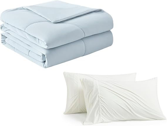 Cozy Bliss Cooling Pillowcases White 20 * 30 and Cooling Comforter Blue Twin Size 60 * 90