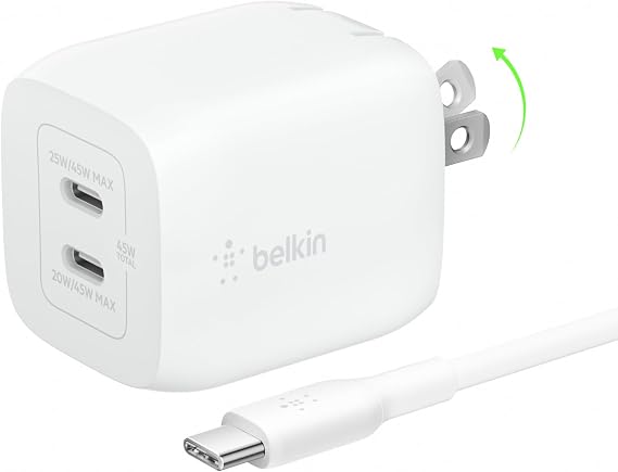 Belkin 45W Dual GaN USB C Charger Block, USB C to C Cable Included