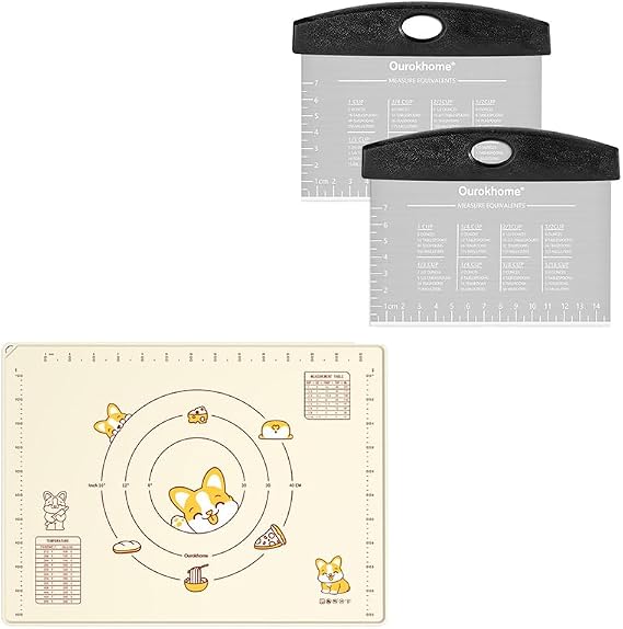 Silicone Baking Pastry Mat with Dough Cutter, Ourokhome Extra Thick Kneading Rolling mat with Measurement and Conversion Ourokhome Stainless Steel Pizza Cutter for Kitchen Baking