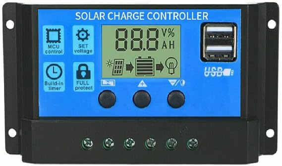 100A Solar Charge Controller, Solar Panel Battery Intelligent Regulator with Dual USB Port 12V/24V, Multi-Function Adjustable LCD Display Street Light Controller (Blue)