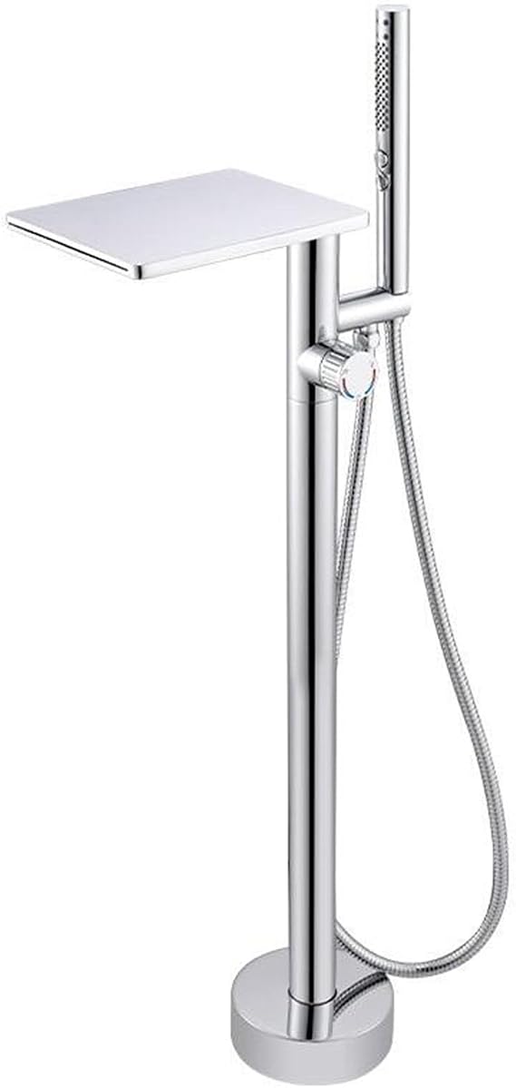 Freestanding Bath Faucet Mixer Shower Floor Mounted Waterfall Hot and Cold Water Brass Floor Mounted Faucet with Hand Shower-Chrome Plated
