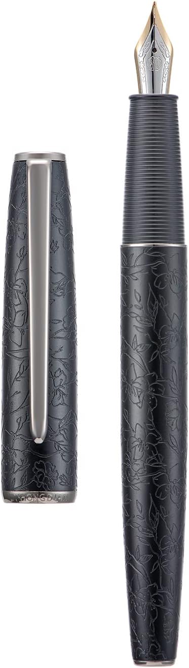 HONG DIAN A3 Black Aluminum Fountain Pen, Iridium Fine Nib Blossom Engraving Design, Consistent Writing Pen with Ink Converter and Metal Pen Box Set