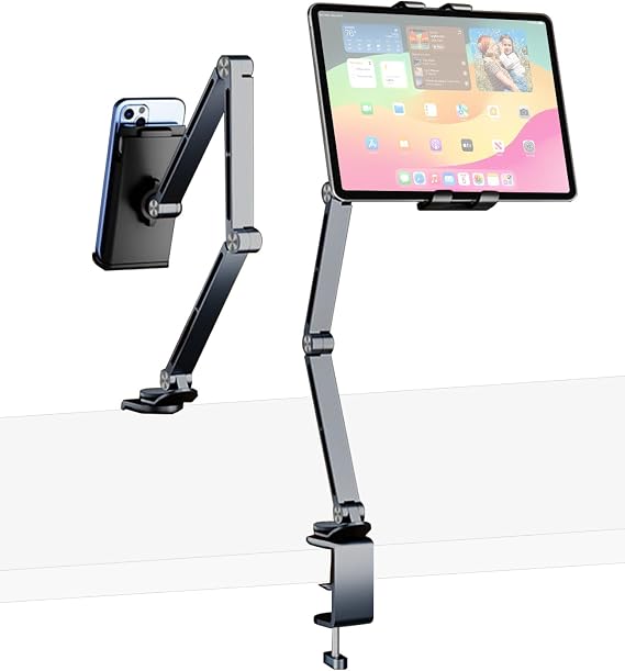 iPad Mount for Desk Aluminum Alloy Tablet Stand Foldable Overhead Arm Holder Mount Fits for 4.7-15.6" Screen Phone,Kindle,Fire HD,Monitor,iPad,Galaxy Tab Series (Gray)