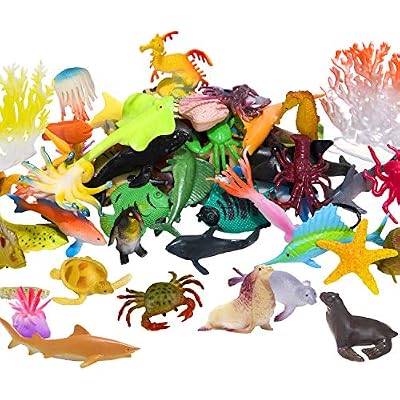 Ocean Sea Animals Figures, 60 Pack Mini Plastic Deep Underwater Life Creatures Set, STEM Educational Shower Bath Toys Gift for Baby Toddler Cupcake Toppers Party Supplies with Turtle Octopus Shark