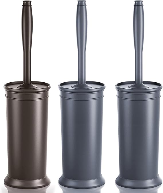 Toilet Brush, 3 Pack Toilet Bowl Brush with Extra Long Handle Durable Bristles Toilet Scrubber and Covered Holder for Toilet Brush Set for Bathroom Cleaning (Brown, Grey)