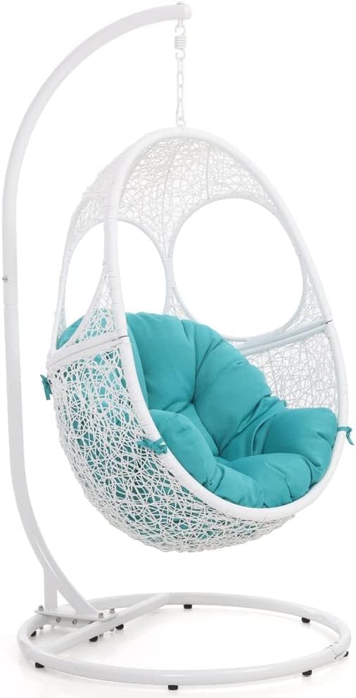Zuri Furniture Modern Malaga White Basket Swing Chair Teal Cushion with Stand